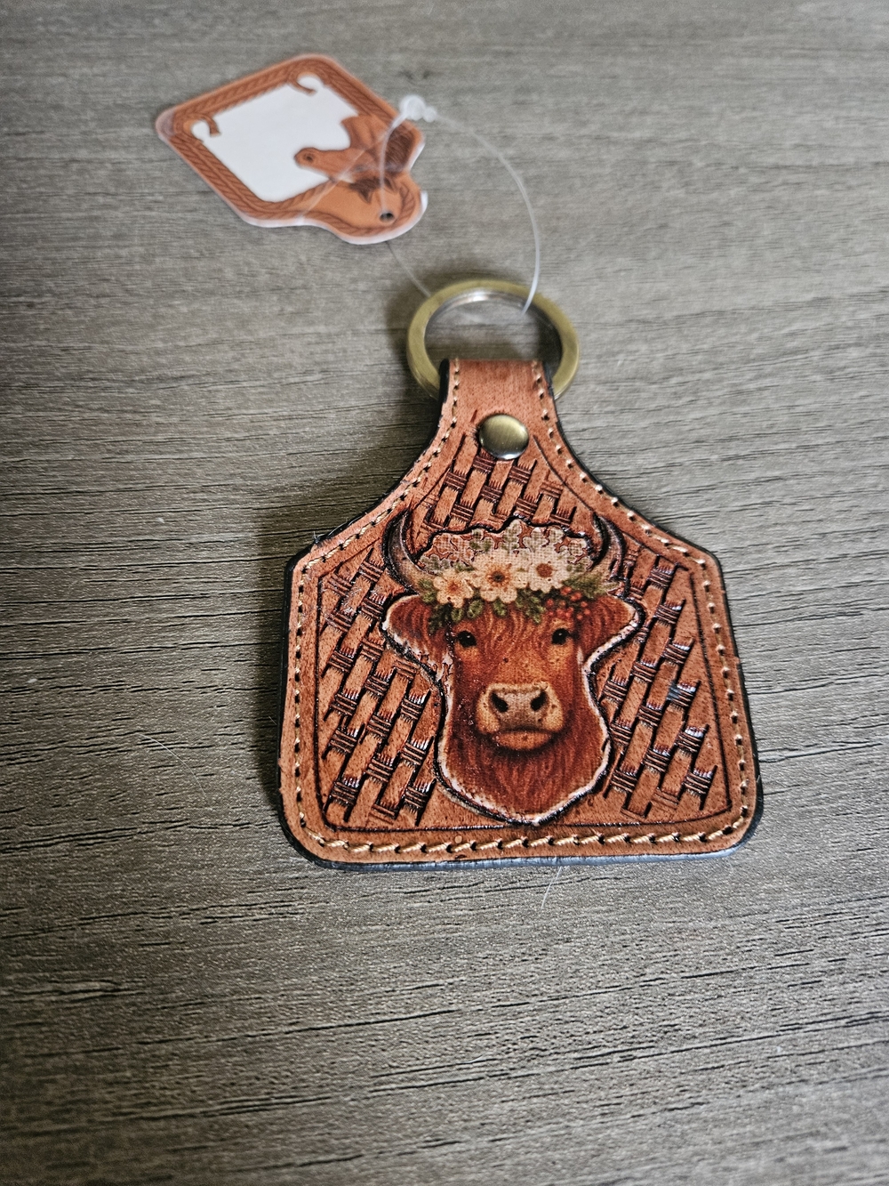 Brown Floral Highland Cow Genuine Leather And Cowhide Keychain - Unbranded